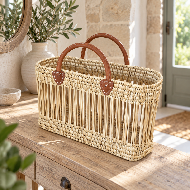 Panier artisanal - Osier & Cuir - ≈40x15x25cm - Ciro II - M -