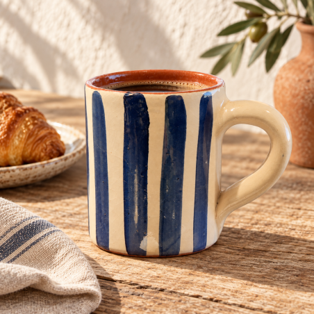 Mug Artisanale - Emaillé - ≈ Ø9x10cm - Rayure Bleu Marine -