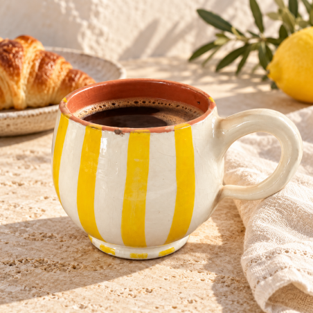 Mug Artisanal - Emaillé - ≈ Ø9x10cm - Ballon Rayure Jaune -