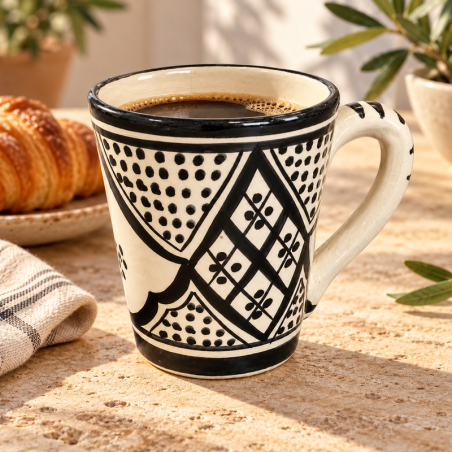 Mug Artisanal - Emaillé - ≈ Ø6,5/8,5x10cm - Travaillé Noir & Blanc -
