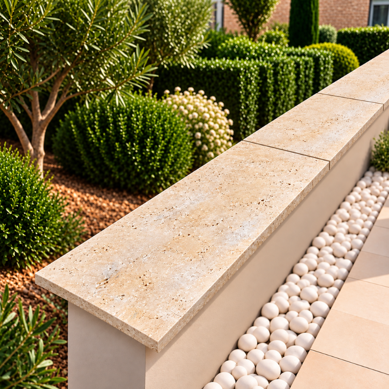 Dessus de Mur en Travertin Beige - 1er Choix Mix - 120 x 30,5 x 3 cm - Bord Droit -