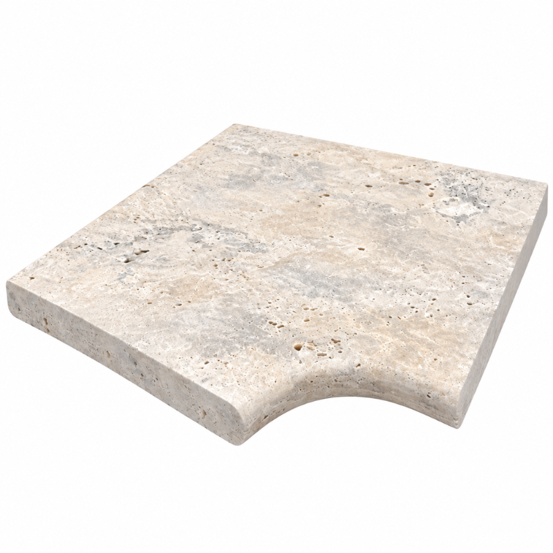 Angle rentrant pour margelle de piscine en travertin Silver 45 x 45 x 3 cm - Bord arrondi -
