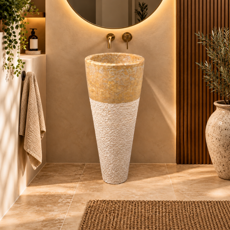 Vasque Marbre Jaune - ø 40cm - Hauteur 90cm - Eclatée & Lisse -