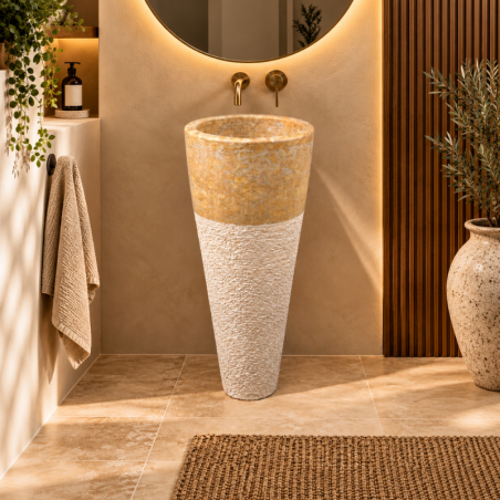 Vasque Marbre Jaune - ø 40cm - Hauteur 90cm - Eclatée & Lisse -