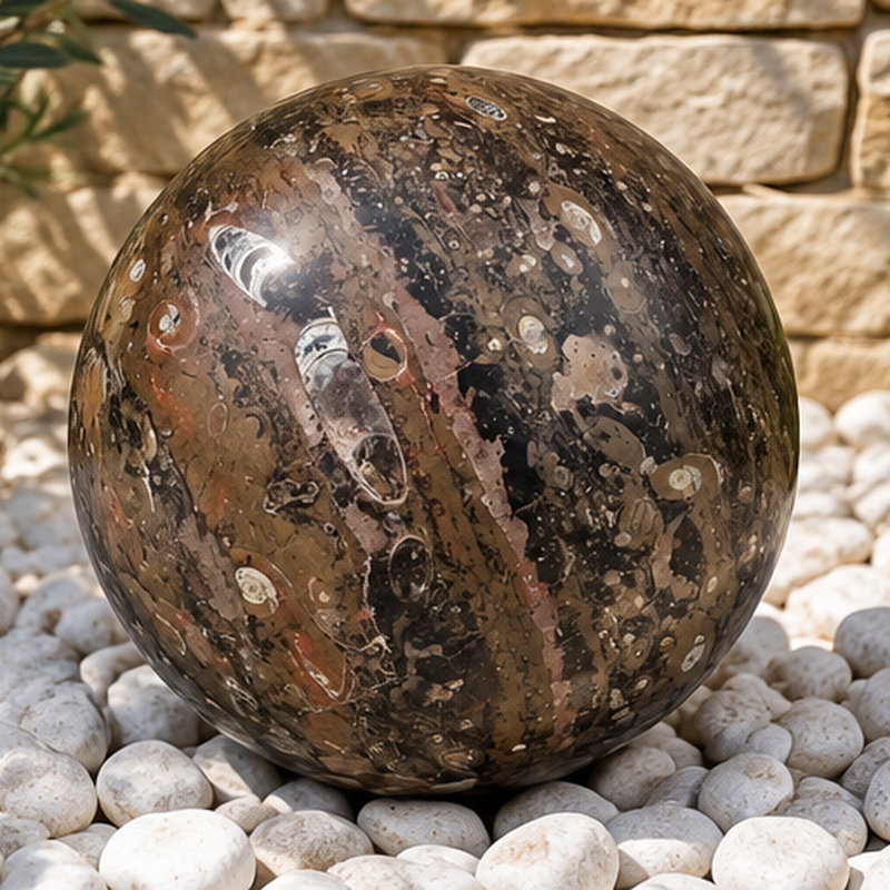 Boule Massive - Marbre Fossile Kaki - ≈d30cm -