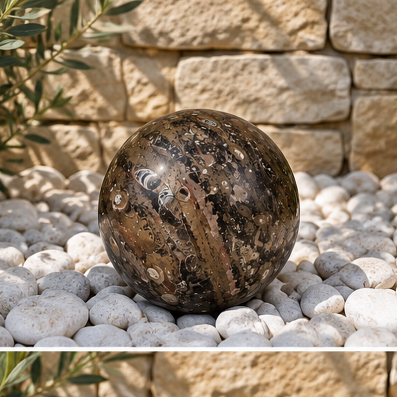 Boule Massive - Marbre Fossile Kaki - ≈d20cm -