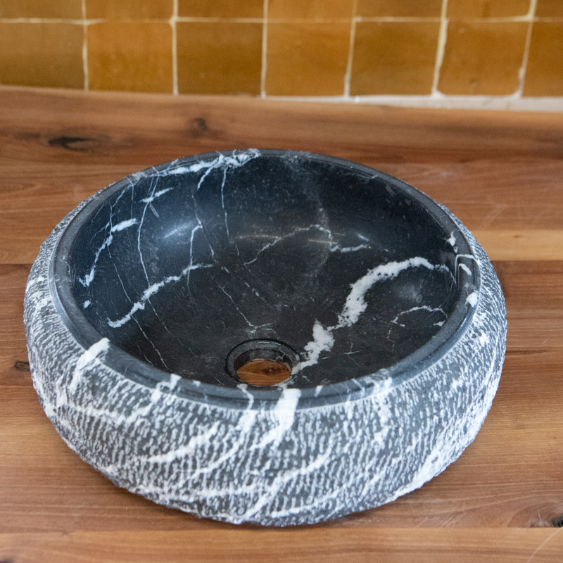 Vasque à poser Marbre Noir Veiné Blanc - ⌀ 40x15cm - Hauteur 14cm - Bombée Eclatée -