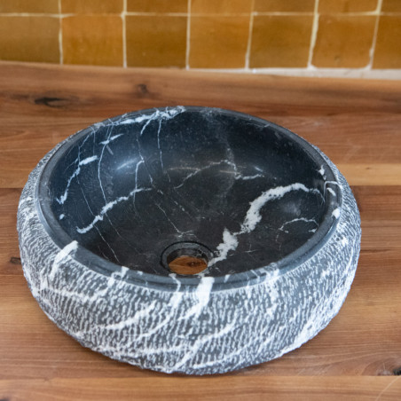 Vasque à poser Marbre Noir Veiné Blanc - ⌀ 40x15cm - Hauteur 14cm - Bombée Eclatée -