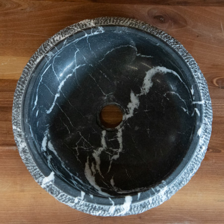 Vasque Marbre Noir Veiné Blanc - ⌀ 40cm - Hauteur 14,5cm - Bombée Eclatée -