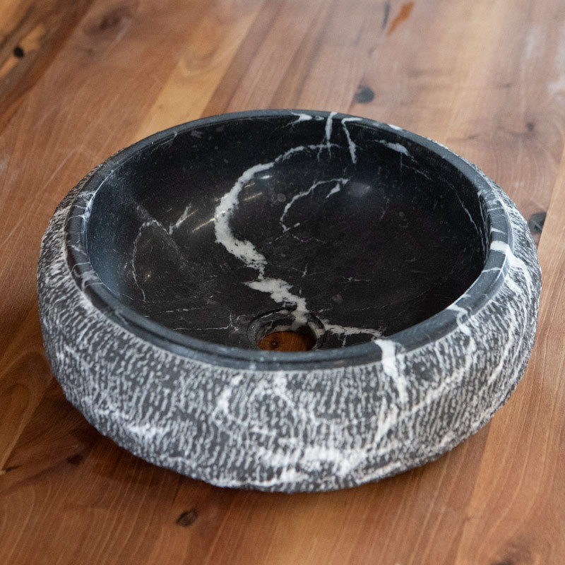 Vasque Marbre Noir Veiné Blanc - ⌀ 40cm - Hauteur 14cm - Bombée Eclatée -