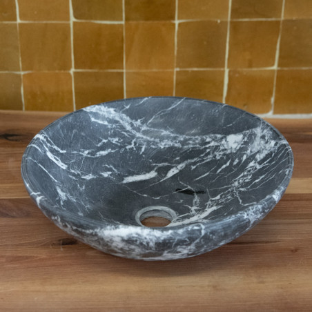Vasque Marbre Noir Veiné Blanc - ⌀ 40cm - Hauteur 12,5cm - Coupelle -