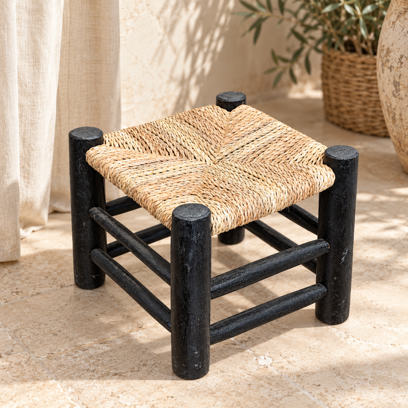 Tabouret Bohème - Naturel & Noir - 30x30x30cm -