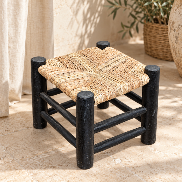 Tabouret Bohème - Naturel & Noir - 30x30x30cm -