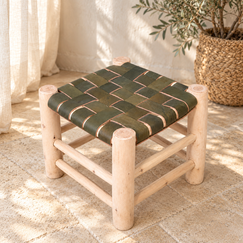Tabouret Bohème - Cuir Kaki - 30x30x30cm -