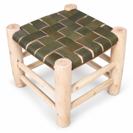 Tabouret Bohème - Cuir Kaki - 30x30x30cm -