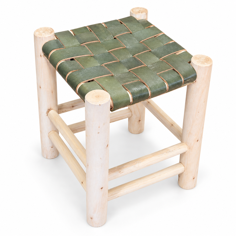 Tabouret Bohème - Cuir Kaki - 30x30x40cm -