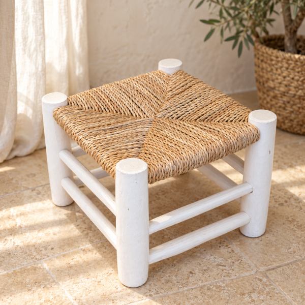 Tabouret Bohème - Naturel & Blanc - 30x30x30cm -