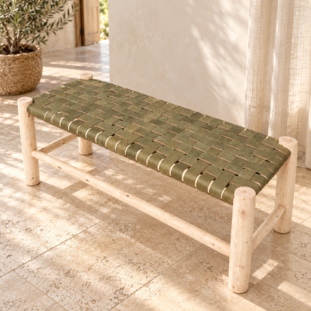 Banc - Bohème - Cuir kaki - 100x40x45cm -