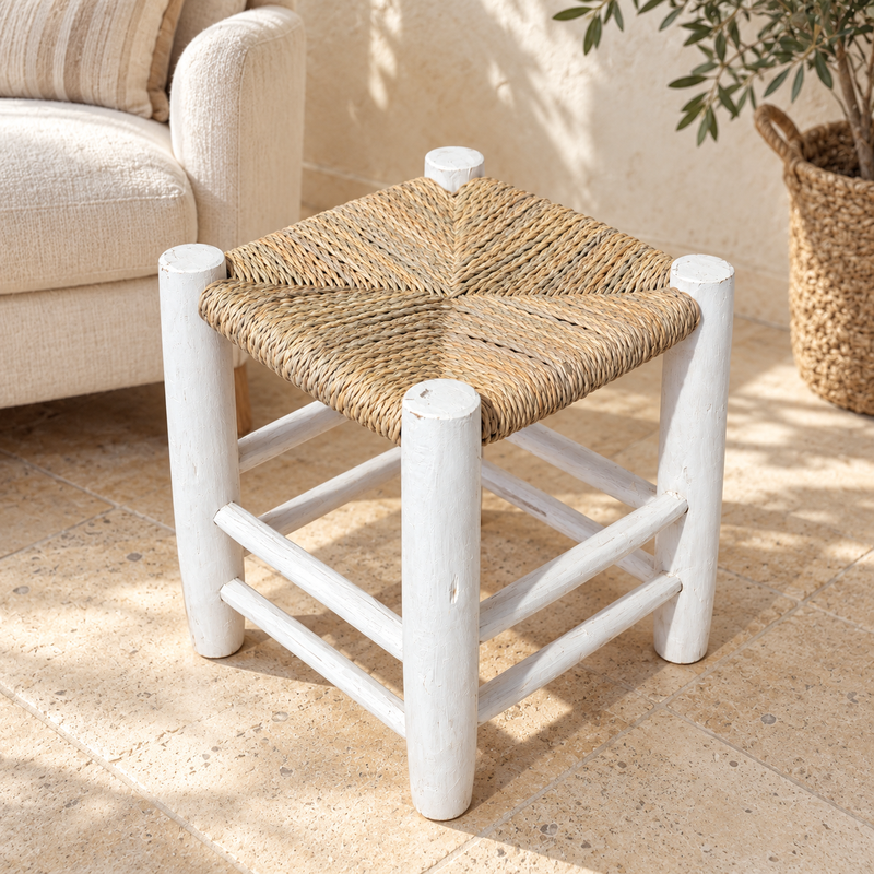 Tabouret Bohème - Naturel & Blanc - 30x30x40cm -