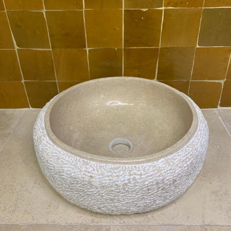 Vasque Marbre Beige - ⌀ 40cm - Hauteur 14cm - Bombée Eclatée -