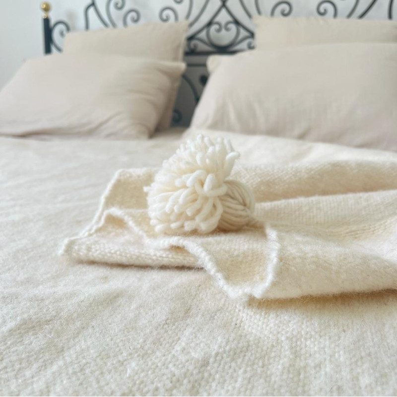 Plaid - Pompom - 100 % Laine - 3/2m - Plusieurs Couleurs -