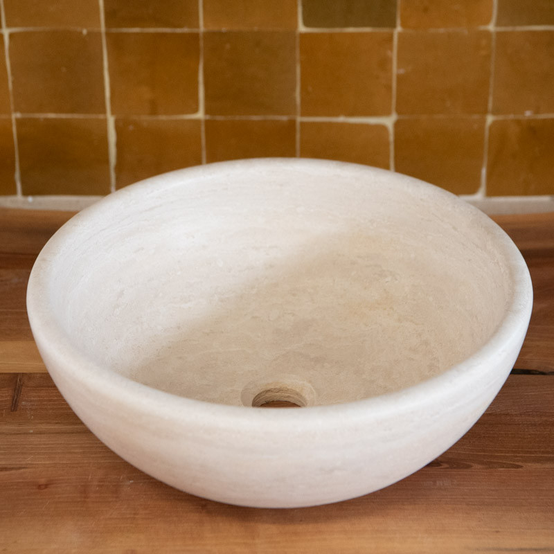 Vasque Travertin Coupe Beige - ⌀ 40cm - Hauteur 15cm - Lisse -