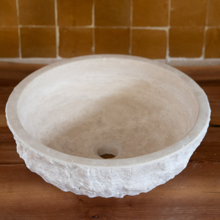 Vasque Travertin Beige - ⌀ 40cm - Hauteur 15cm - Eclatée -