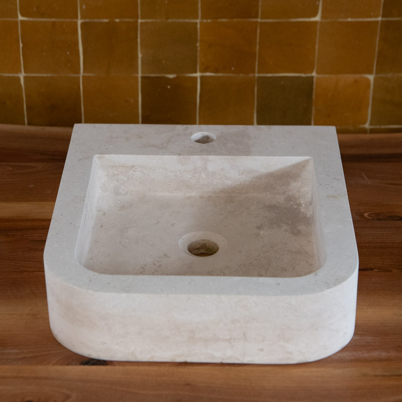 Vasque Travertin Beige - 40 x 45 cm - Bord arrondi - Hauteur 10cm - Lisse -
