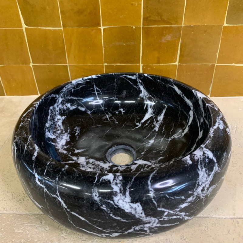 Vasque Marbre Noir Veiné Blanc - ⌀ 40cm - Hauteur 14cm - Bombée Lisse -