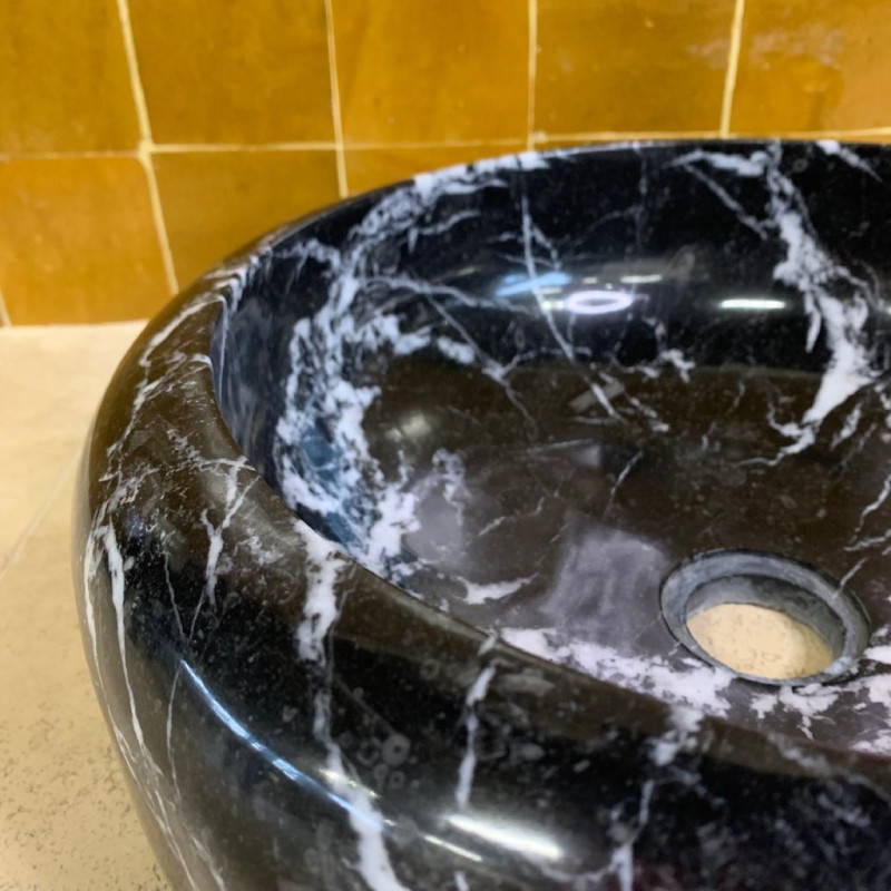 Vasque Marbre Noir Veiné Blanc - ⌀ 40cm - Hauteur 14cm - Bombée Lisse -