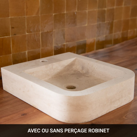 Vasque Travertin Beige - 40 x 45 cm - Bord arrondi - Hauteur 10cm - Lisse -