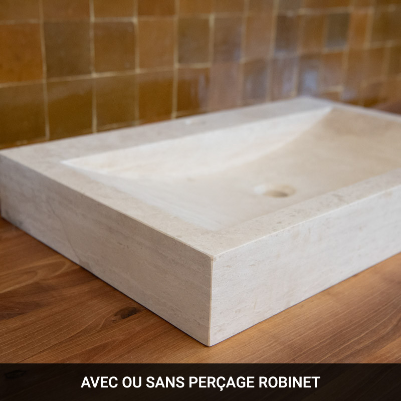Vasque Travertin Beige - Bord droit - 70 x 45cm - Hauteur 10cm -