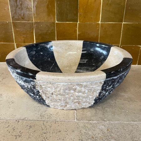 Vasque à poser Marbre Noir & Beige - ⌀ 40x15cm - Bol Eclaté -