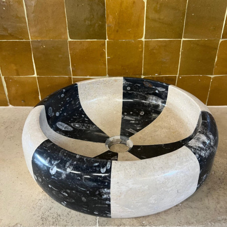 Vasque à poser Marbre Noir Fossile & Beige - ⌀ 40x15cm - Bombée Lisse -