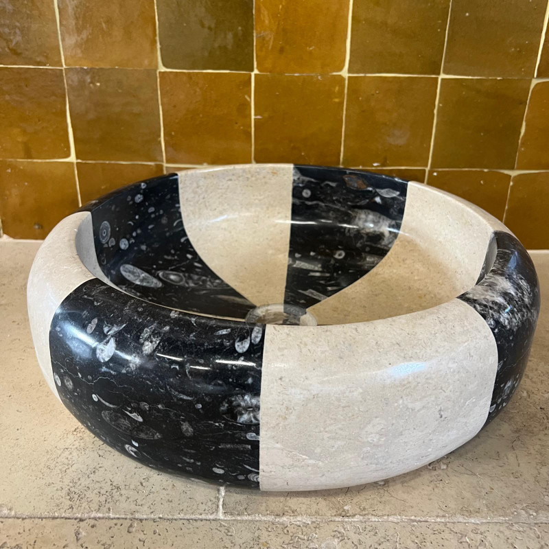 Vasque à poser Marbre Noir Fossile & Beige - ⌀ 40x15cm - Bombée Lisse -