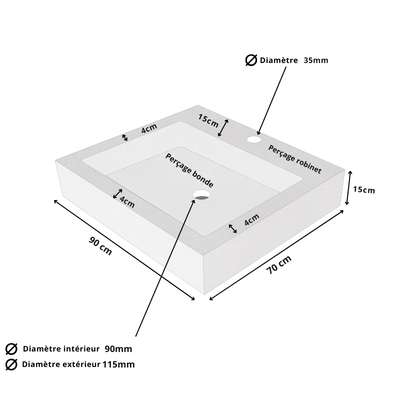 Evier Travertin Naturel 1 bac - 90/70cm - Hauteur 15cm - Lisse -