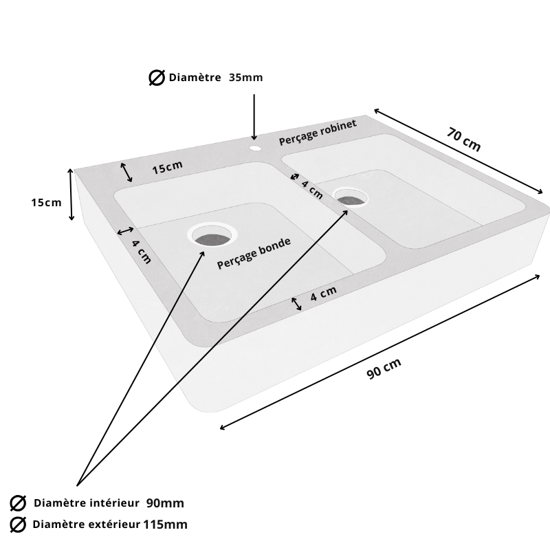 Evier Travertin Naturel 2 bacs - 90/70cm - Hauteur 15cm - Lisse -