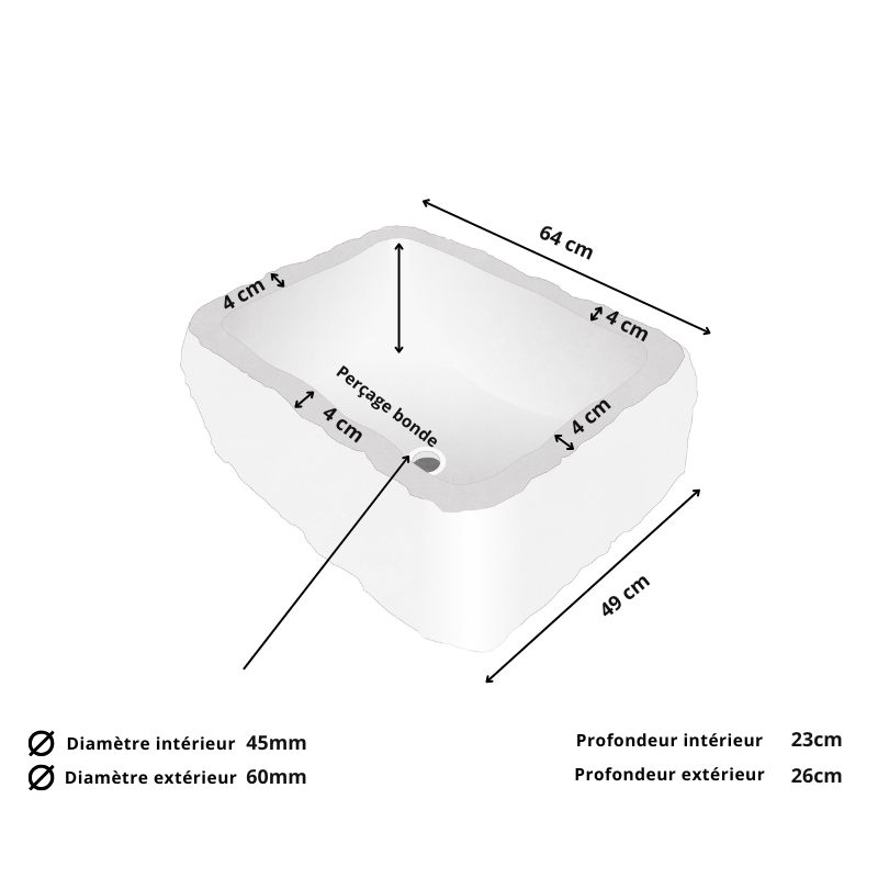 Vasque Travertin Naturel 1 bac - 60/40cm - Hauteur 26cm - Lisse -