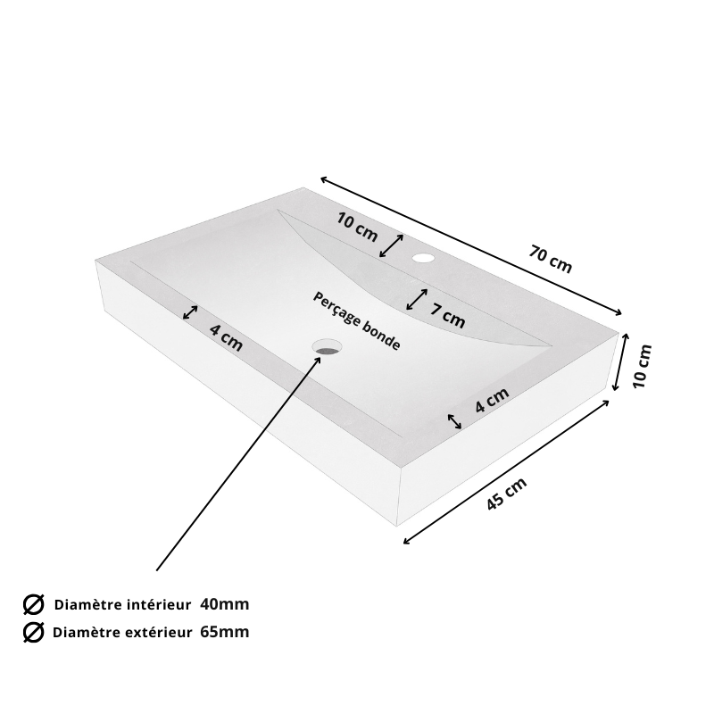 Vasque Travertin Beige - Bord droit - 70 x 45cm - Hauteur 10cm -