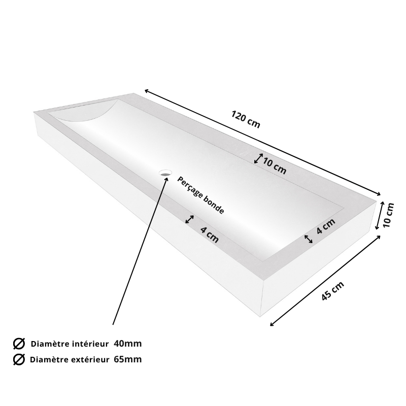 Vasque Travertin Beige - 120 x 45cm - Hauteur 10cm - Bord droit - Fond arrondi -