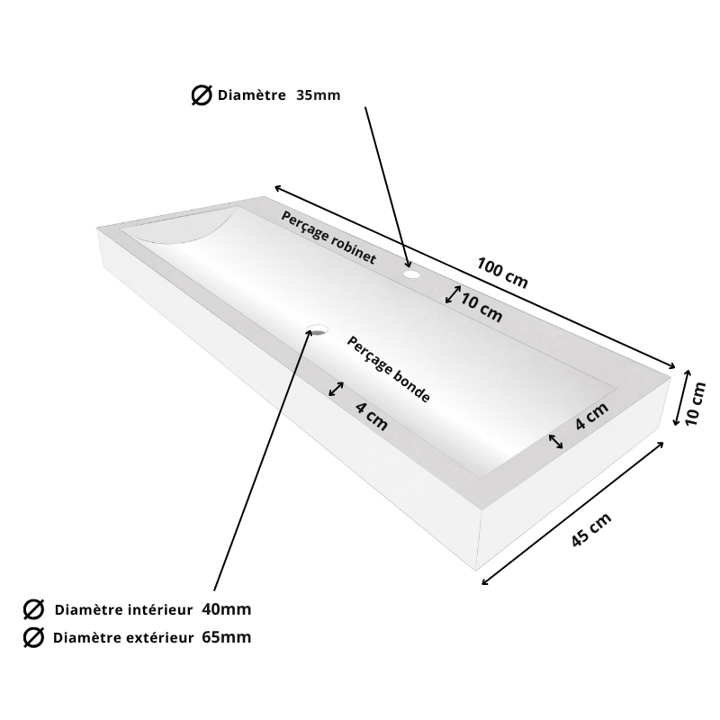 Vasque Travertin Beige - 100 x 45 cm - Hauteur 10cm - Bord droit -