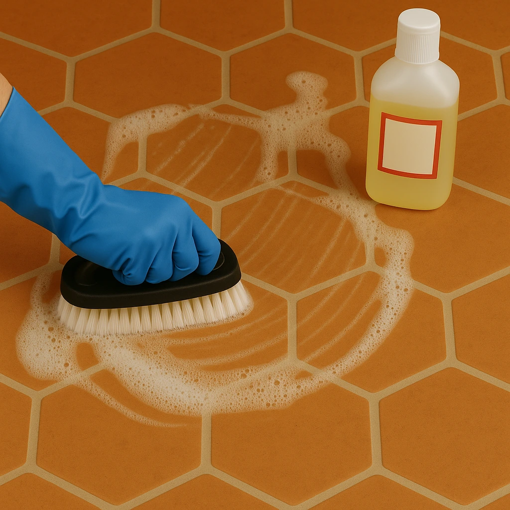 Nettoyage initial des tomettes artisanales en terre cuite avec brosse et nettoyant acide dilué - préparation avant traitement