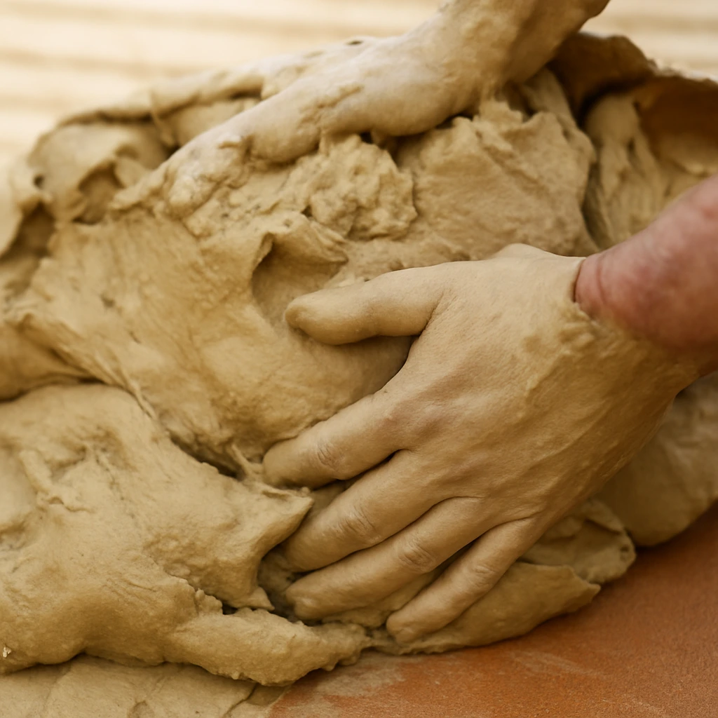Pétrissage manuel de l'argile pour fabrication des tomettes artisanales en terre cuite - étape traditionnelle chez Fer et Pierre