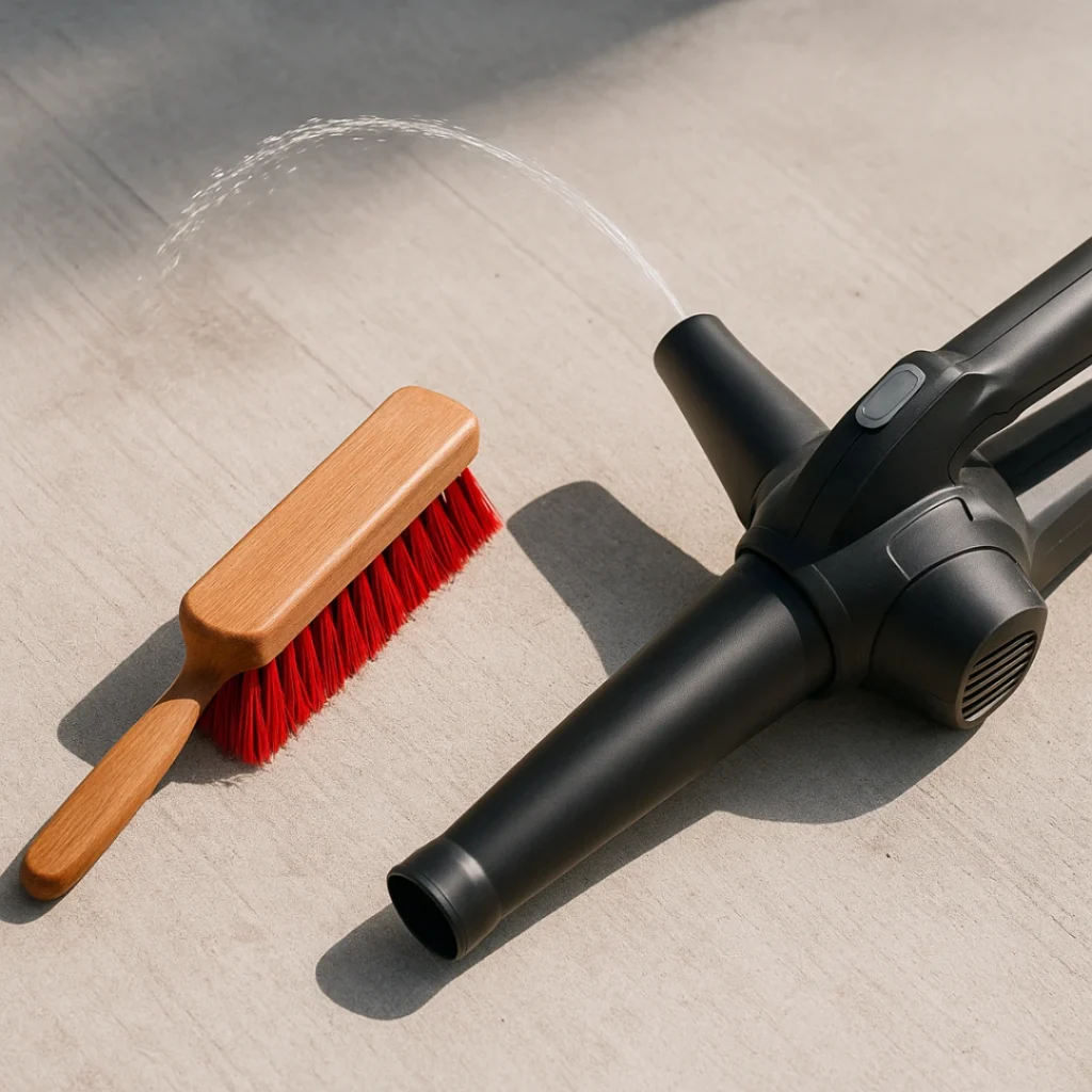 Souffleur, brosse et jet d’eau pour l’entretien des galets décoratifs
