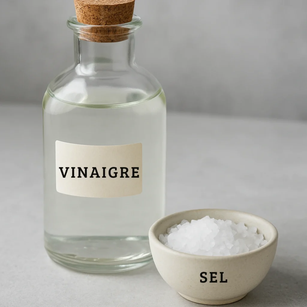 Bouteille de vinaigre et pot de sel pour un traitement naturel anti-mousse