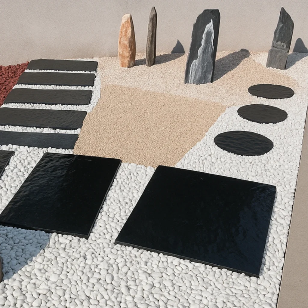 Jardin zen avec galets blancs, dalles noires et décor contemporain