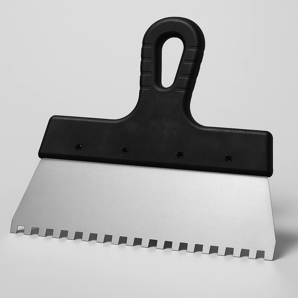 Spatule crantée à dents carrées pour l’application de colle à carrelage.