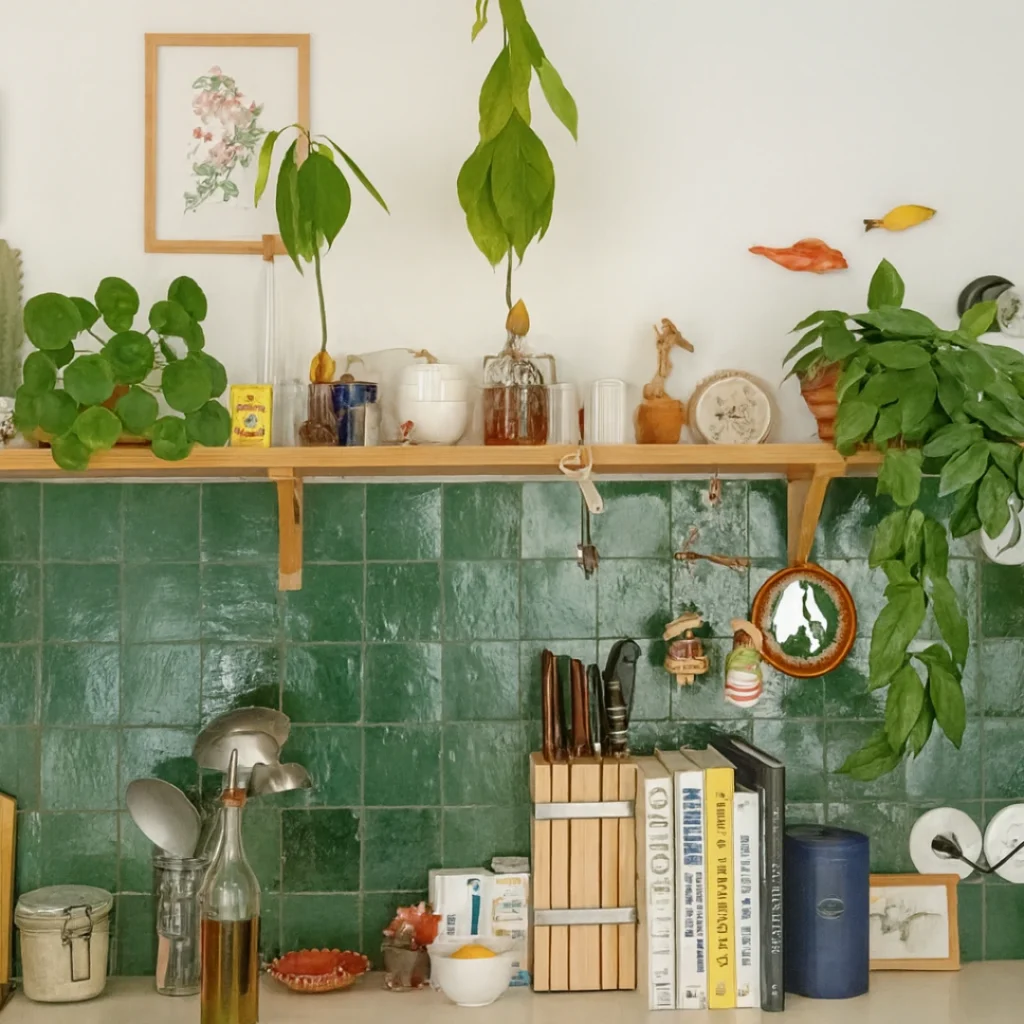 Crédence de cuisine en zellige vert émeraude artisanal de Fès avec étagère en bois et plantes naturelles