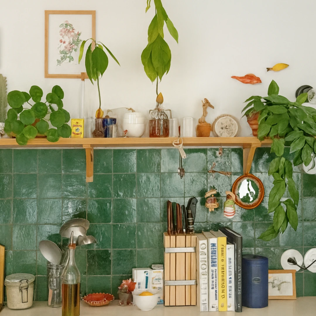 Crédence de cuisine en zellige vert émeraude artisanal de Fès avec étagère en bois et plantes naturelles