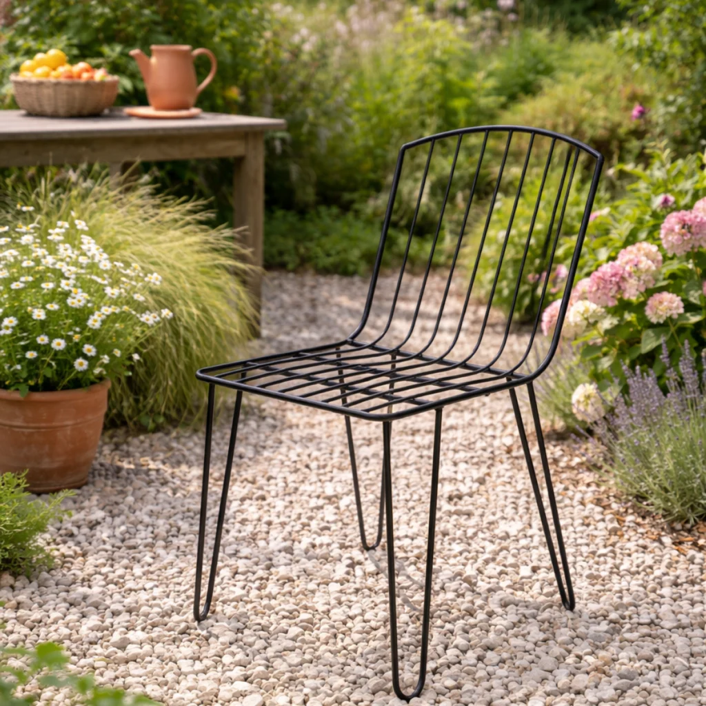 Chaise en fer forgé noire placée sur une terrasse extérieure entourée de plantes et pots en terre cuite.